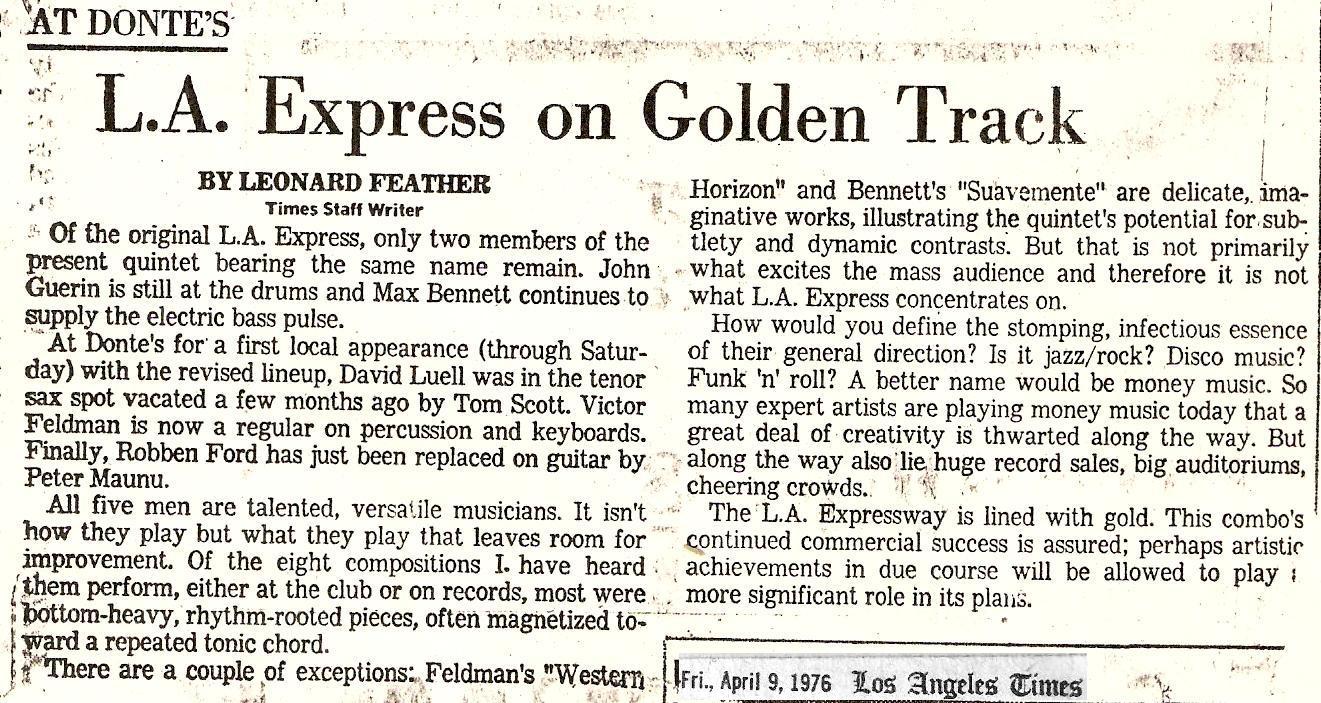 Leonard Feather Review 1976 LA Express Vel Selvan Saxophone...Click to return to LA Express Main Page